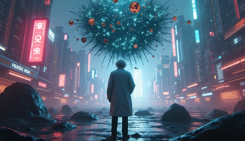 matwaretech , Science fiction, cyber punk, pixelated, malware failure, nasty , albert einstein, scientist coat,uhd,Bustness,futuristic horizon in the background, lots of ideas coming out of my head