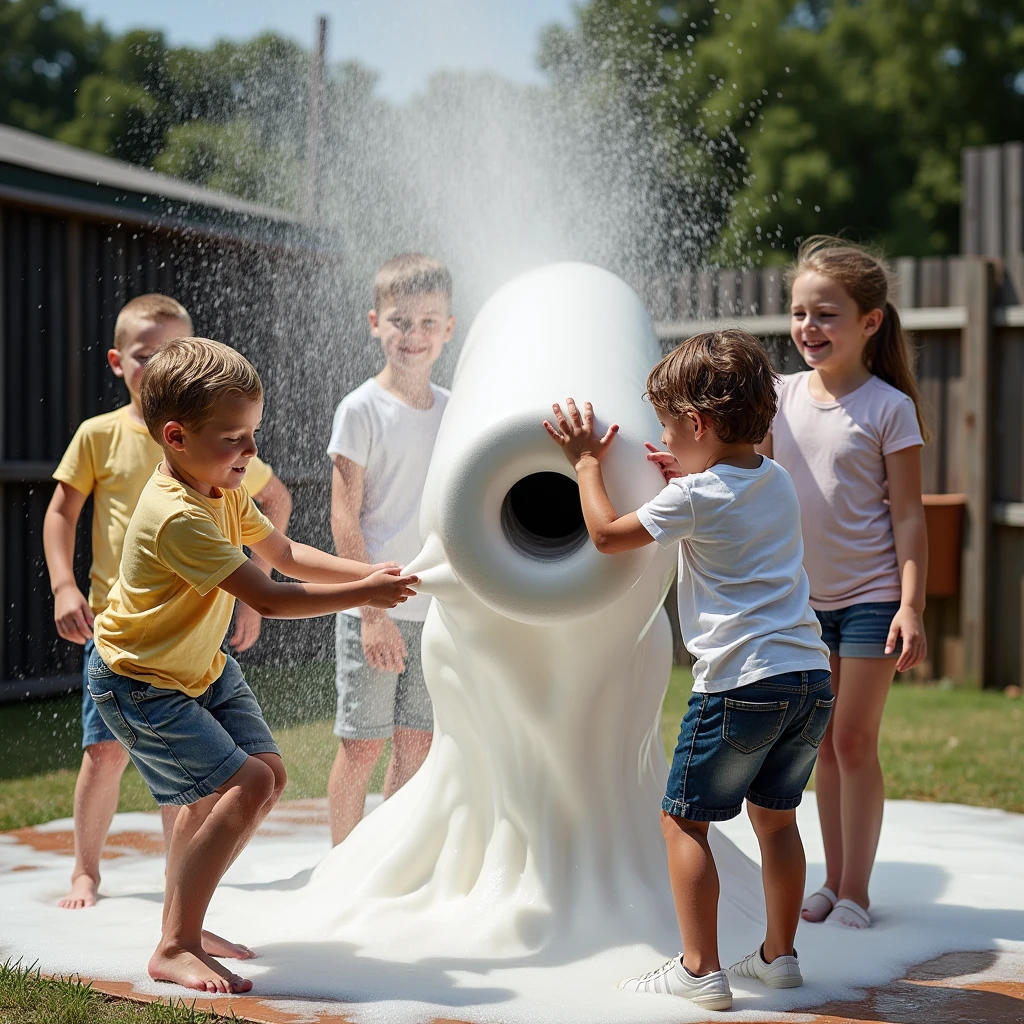 A realistic photo of a group of boys and girls, aged 6-10, happily playing around and under a large soap cannon, approximately 60cm in diameter. The cannon is clearly visible, mounted on a stand, with thick, wet soap foam pouring out, covering the kids in their wet t-shirts and shorts.