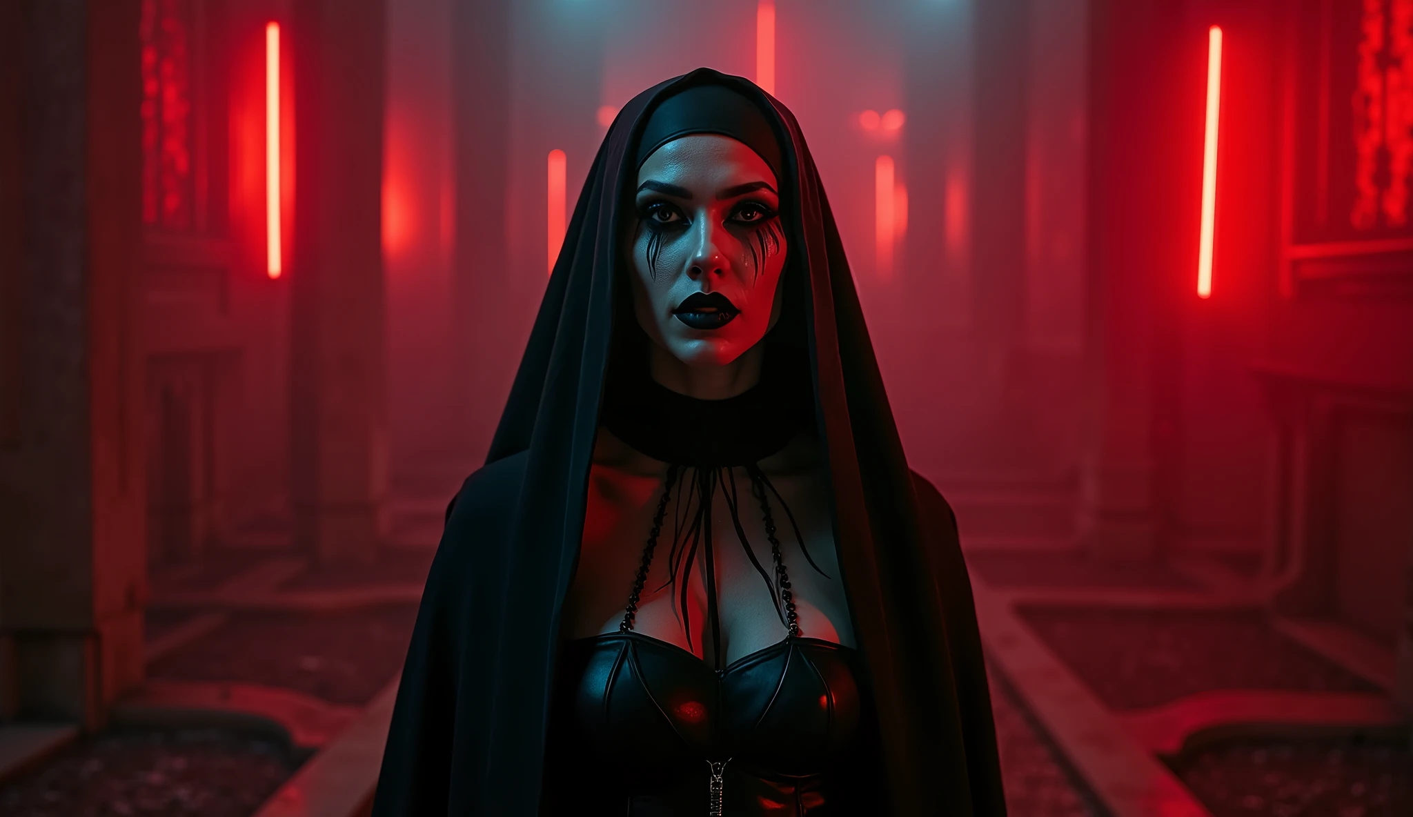 raw, Analogue) (gothic nun huge tits), Set in the 1990s, Surreal makeup, Leather clothing inside a gothic church at night, Neon lights, Very dark, terror, Shades of red, chaos, evil, High detail, Very realistic, Sony A7III, Cinema lighting, film, wheat, UHD faces, Volumetric shadow, insanely detailed,