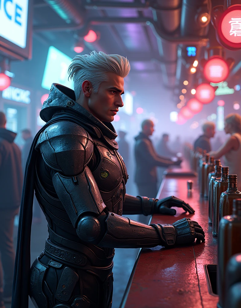 Silver-haired man in mechanical armor is pouring drinks at the bar, surrounded by lively crowds and cyberpunk-style scenes, with high-definition illustrations and detailed character design. Full-body close-up shots, neon lights, digital art techniques, rich colors, and a sense of mystery permeate the scene. The man is dressed in