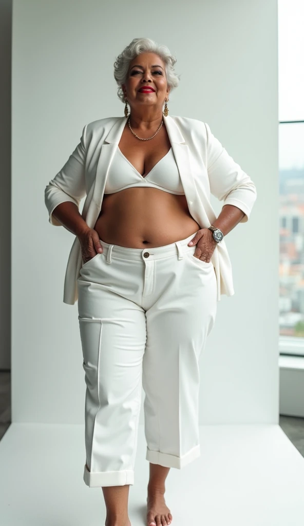 Women Big body healthy over 60 plus American stylish modern Attitude wearing bikini and a sleek, monochromatic white outfit with clean lines and minimal embellishments. Think structured blazers and tailored pants.
Lipstick long earings she looks so hot in bikini
