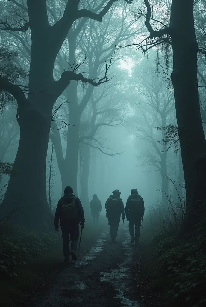 make a haunted forest, extremly scary,dark and somber tones, there is a group of explorers exploring the forest, extremely detaild, photoshot_\( ultra\), photoshotrealisitic, realisitic, Post-processing, Maximum details, roughness, real-life, ultrarealisitic, photoshotrealism, photoshotgraphy, 8k hd, photoshotgraphy