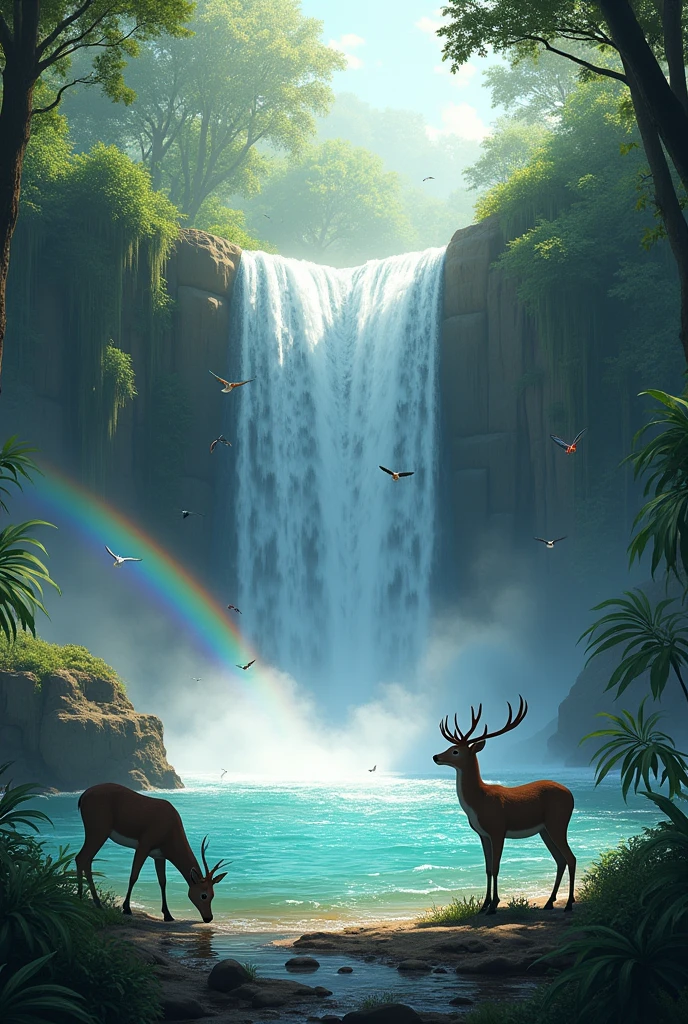 in a beautiful jungle their is a waterfall . suns ray making rainbow in waterfall. brids fly and group of dears drinking water of waterfall
