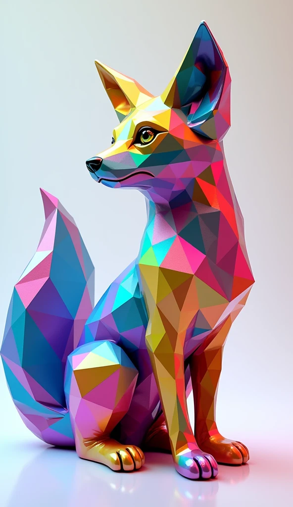 A colorful sculpture of a fantastic rainbow fox, polyhedron style, prism details, pantone colors brilliants, 3D Render. 4K photorealistic. White clean blackground.