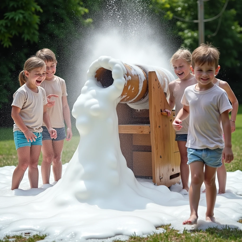 A dynamic photo showing a big soap cannon, 60cm in diameter, mounted on a stand, with soap foam pouring out while kids of different ages play in the thick, wet foam. The scene captures the joy of the children, who are standing, laughing, and playing under and around the cannon in their wet t-shirts and shorts.