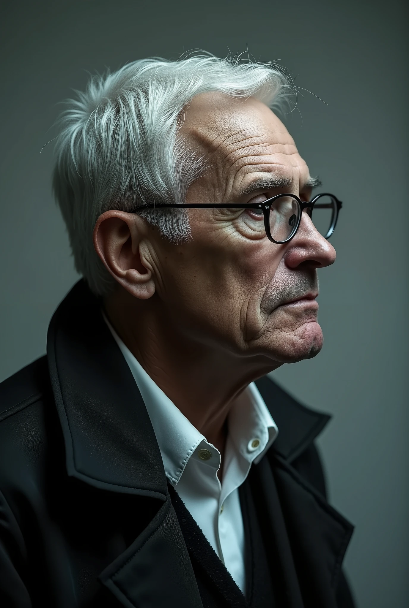 Tenth (Death Parade), 1 person, 3,(Black Bristles), Man with glasses, face close up, profile picture,formal and casual dresses, Black jacket,White shirt, professional view,ash-white hair, Color: Silver, tired look,