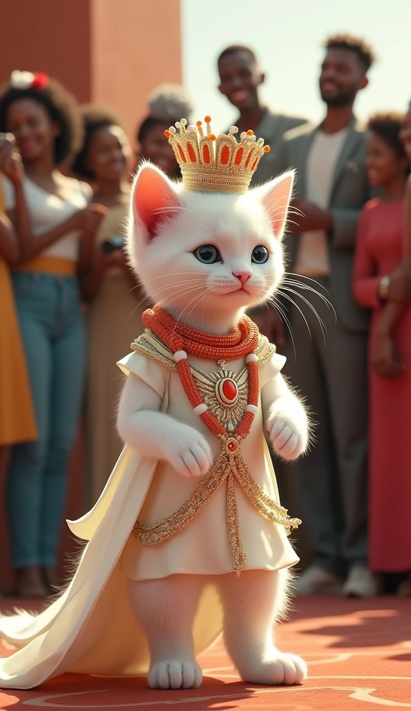 "A white kitten walks elegantly on two legs, dressed in a traditional Nigerian bridal dress, complete with intricate beadwork and matching coral jewelry. Her long hair is styled in a regal updo, and a gele (headwrap) sits proudly on her head. The audience is thrilled, taking countless pictures of this cultural bridal look."