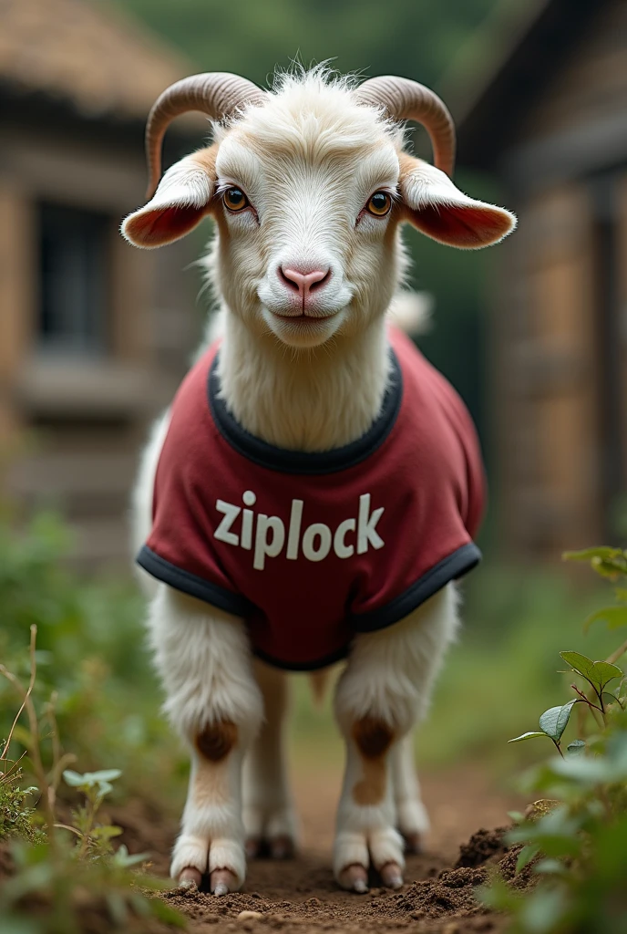 A real goat with the word Ziplock written on a garment on its body