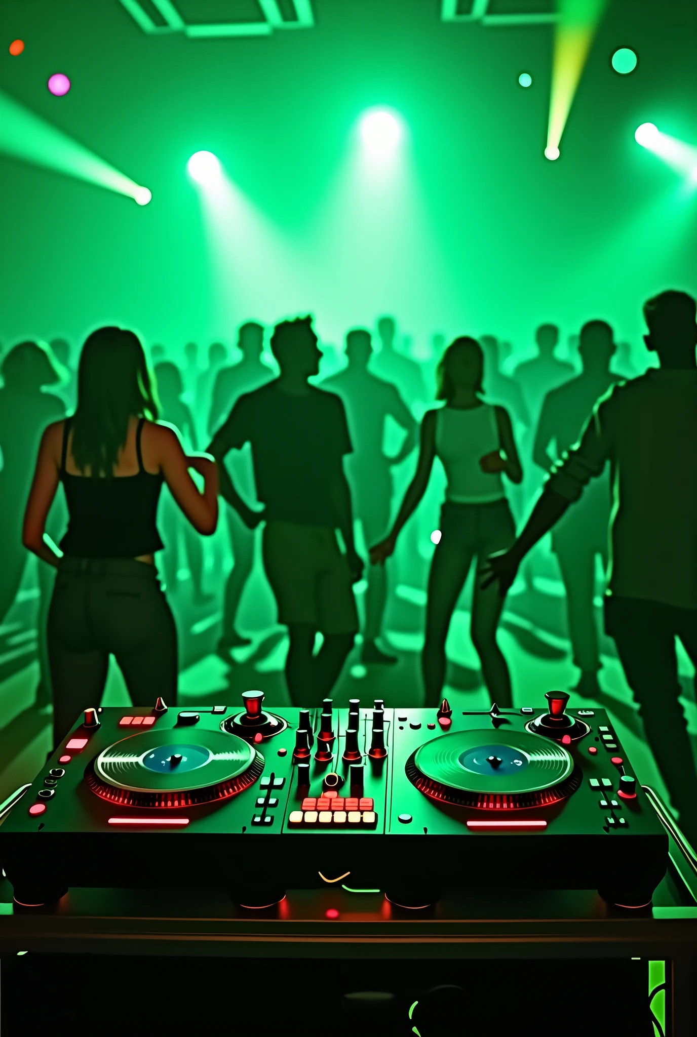 Dance Club, green lights, turntables in front