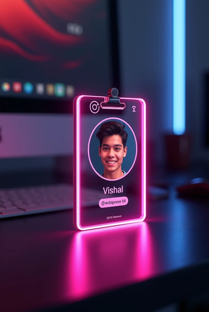 create a illustration Instagram profile on glass id card on a black desk displaying Instagram logo and realistic profile photo of a age boy in circle and "Vishal" is written in bold fonts under the profile photo the Instagram card is glowing in magenta colour on the edge