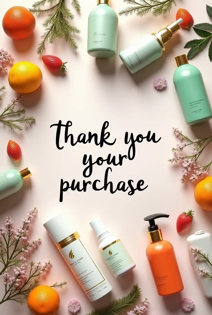A thank you image at the end of an online purchase, containing the literal text: Thank you for your purchase, surrounded with Natura brand products, as hair care, skin care, beauty products and perfumes. Elegant and fun