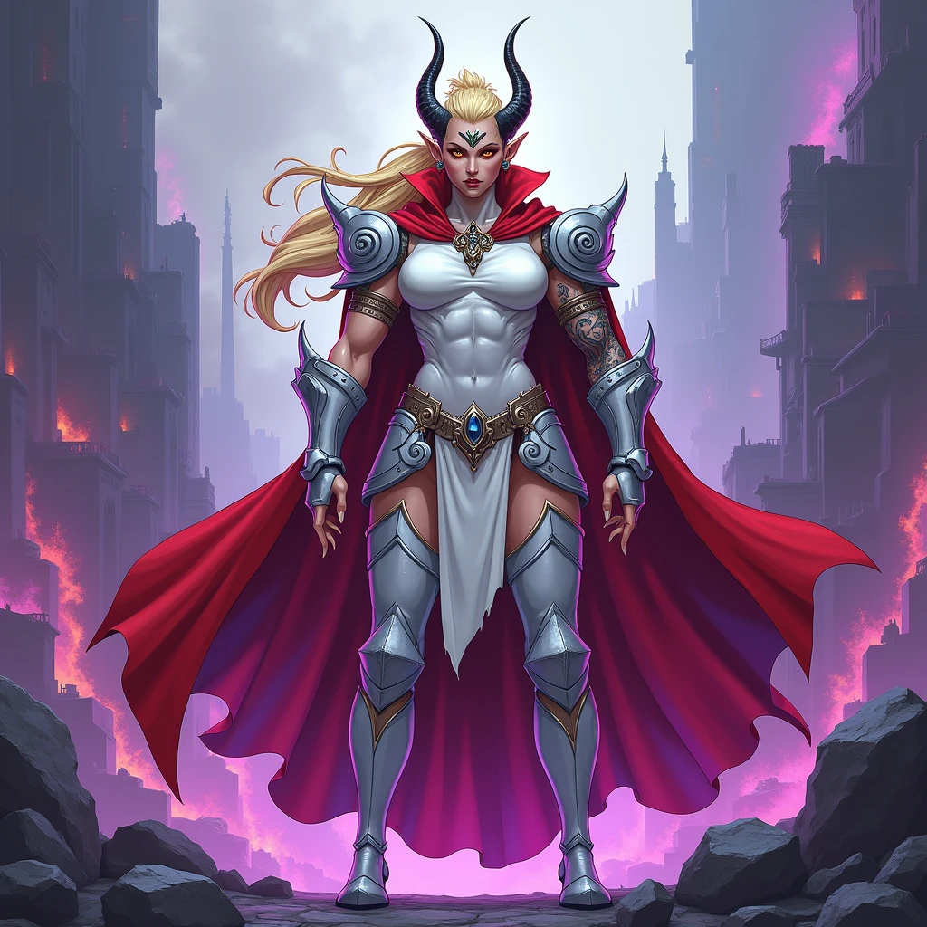 extremely muscular blonde elf woman, white warrior empress uniform [the outfit shows her excellent physique]; has a long and extremely extravagant red cape that only reaches the shoulder pads; shaved punk undercut haircut, on the left side of the hair there is a dragon design, has a crown-shaped horn that starts at the back of the head at the nape of the neck, she is laughing like a villain and her teeth are clenched dragon fangs; her lizard-like collar is her fire-colored eyes; she has claws instead of nails; tribal Maori tattoos up to the forearm. She is laughing like a villain; the character is standing on the ruins of a city with purple fire burning. 2.5D Cartoon drawing art. size 1920x1080 4k