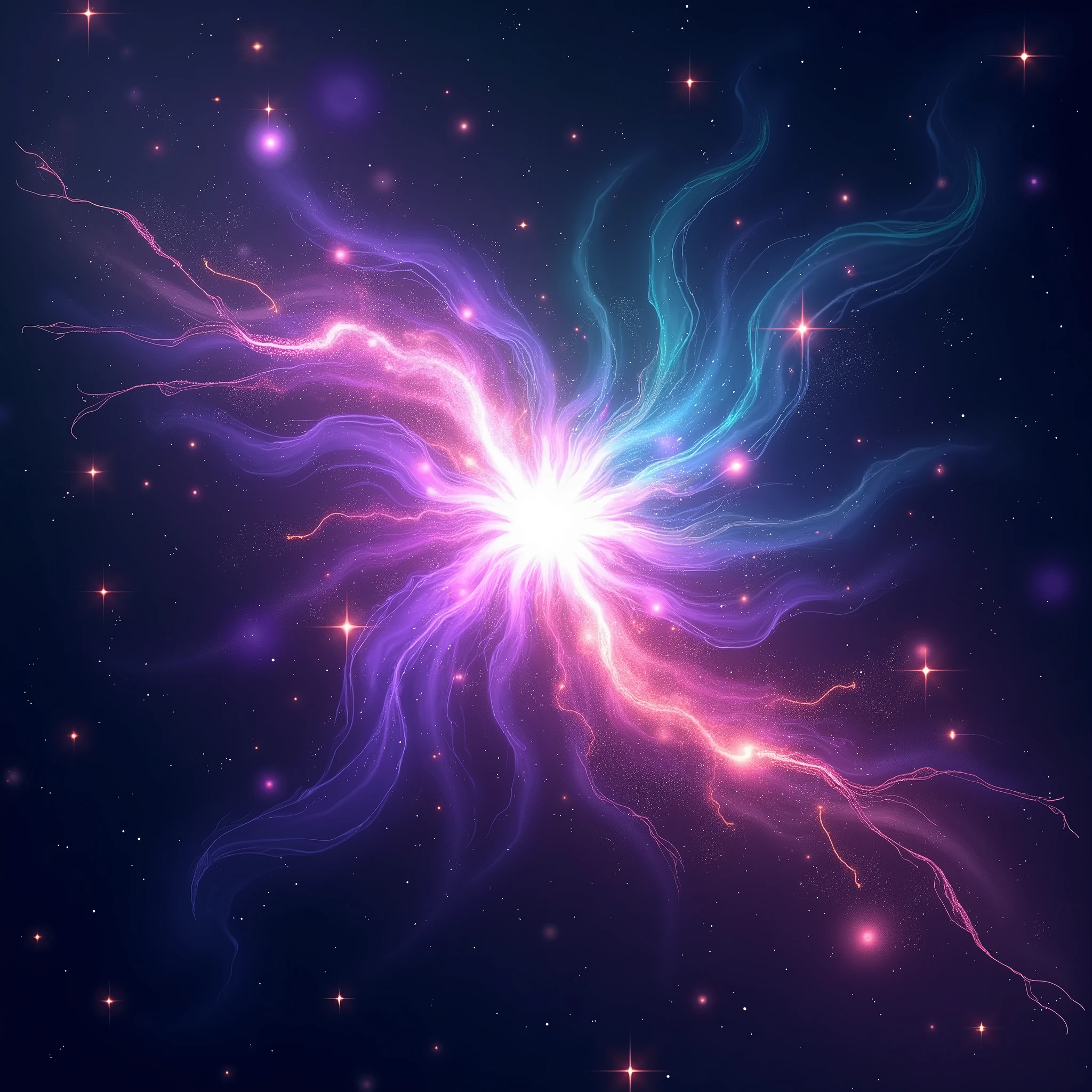 Create an abstract background that depicts a cosmic light burst in space. Use radiant colors like violet, teal, and magenta, radiating from a central point. Incorporate particles, light trails, and star-like glows to create a sense of motion and depth, giving it a mystical, otherworldly feel.