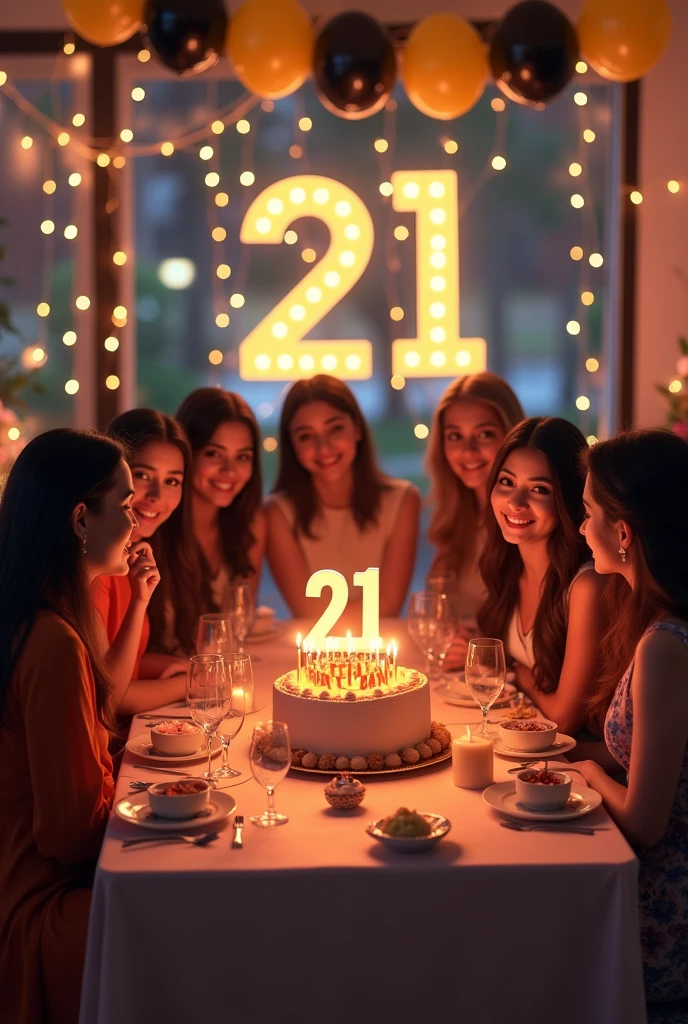 Create background image on the hotel one table up cake with candles age 21 add some female friends write happy birthday shehr bano with lights and a lot baloons black and yellow