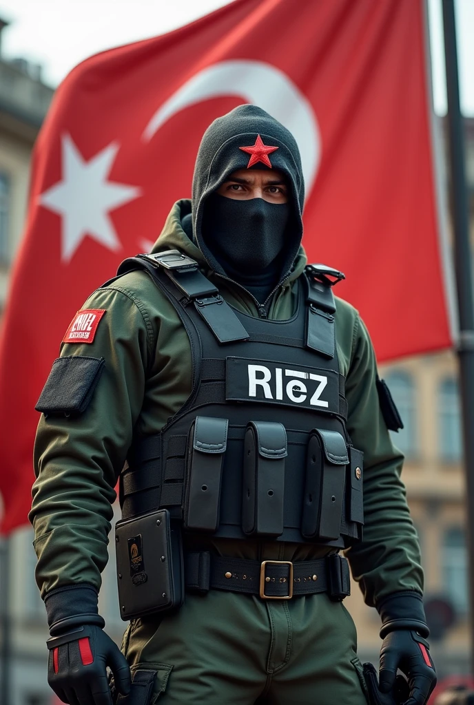 1.75 cm tall, 20 years old, male, 90 kg, with a red star and crescent on his head, a ski mask, a bulletproof vest, REIZ written on the bulletproof vest, a star and crescent flag underneath.