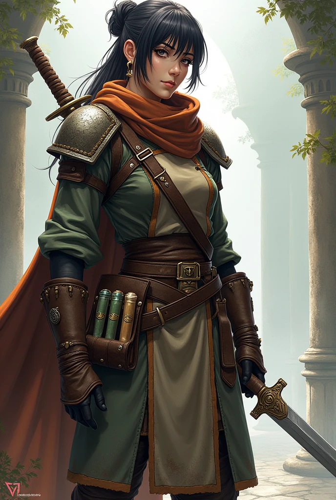 As if a Japanese anime light novel cover. Without writing. Features main character The Mage Hunter. Fantasy medieval ranger style mage hunter light leather armor. Belts and pouches and equipment for capturing mages. 1 Short sword sheathed on belt. Potion pouch, scroll tubes, wand bandolier. Not holding anything in hands. No sword on back.