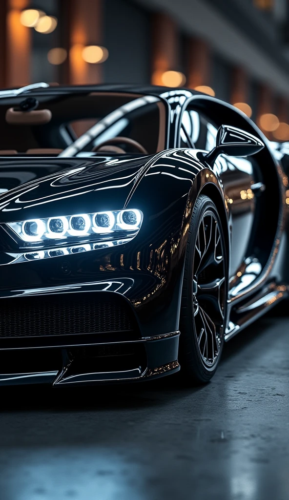 Bugatti la voiture noire black with white leds with chrome wheels with High resolution, whole 