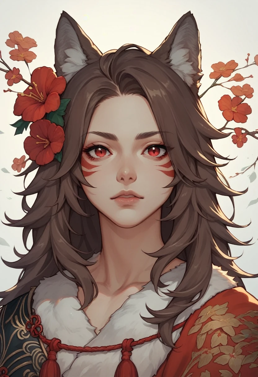 Brown Hair,Long Hair,Red eyes, Wolf Girl,Wolf Year,Wolf&#39;s Tail、Huge breasts、T-shirt maxi dress、Long sleeve、Cleavage、See-through clothing