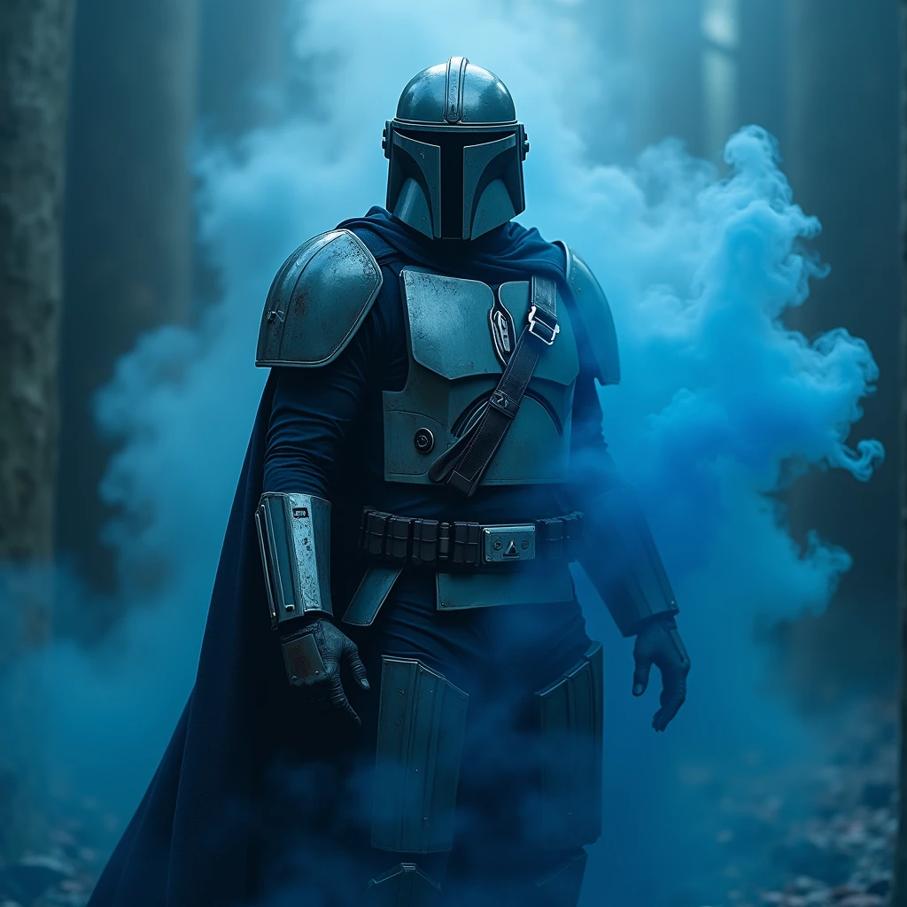 close up, Mandalorian from Star Wars, Ghost, Dark, gotik, 3d, Ultra Detailed, blue transparent smoke around, realistic style, Old Night Pond, full - body,