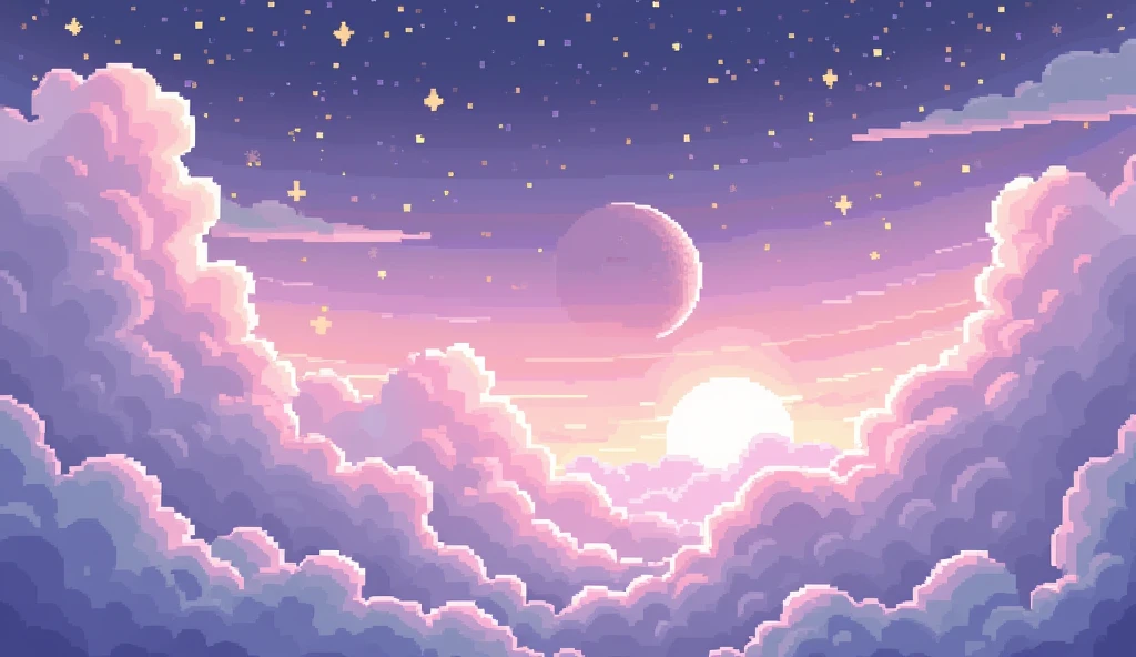 Aesthetic background,pixelated,with dreamy cozy colours,some stars and clouds just sky no ground etc, purple
A little less clouds and some shining asteroid in background
Change the position of cloud
Another one
Another