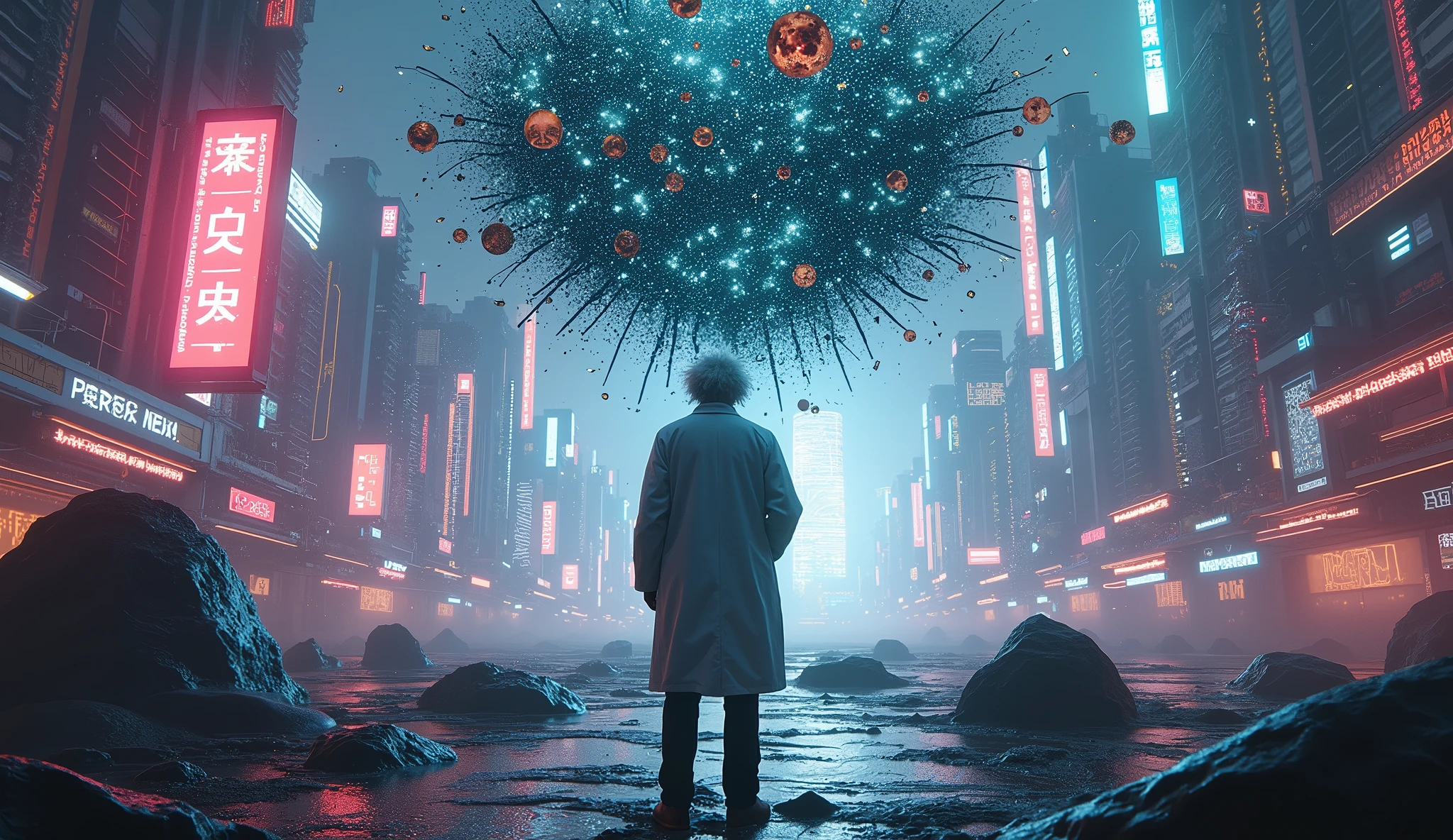 matwaretech  , Science fiction, cyber punk, pixelated,  malware failure,  nasty ,  albert einstein, scientist coat,uhd,Bustness,futuristic horizon in the background, lots of ideas coming out of my head