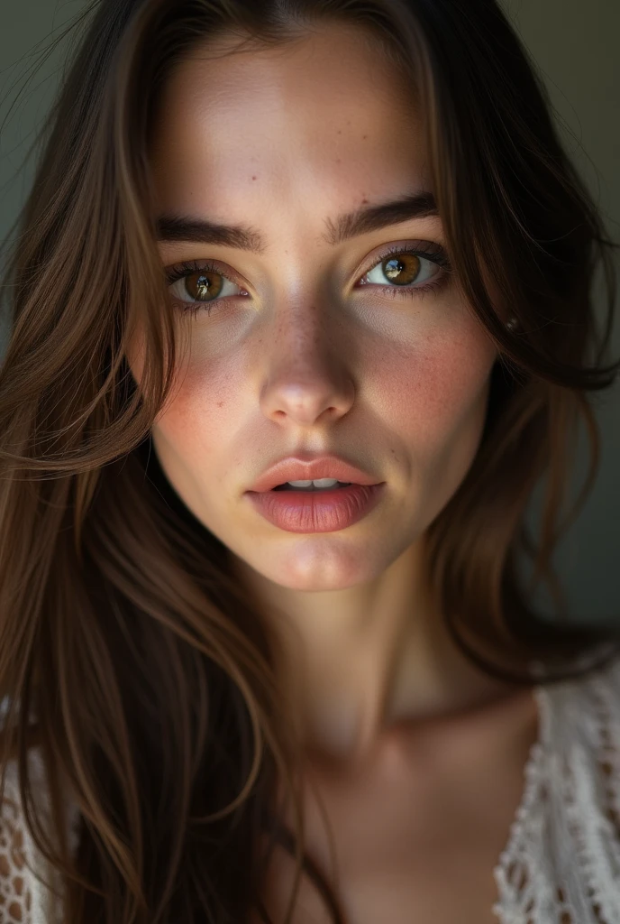 ((4K FOCUS FULL HD:1.4))(closed lips:1.2)(Focus on the face) natural realistic face of A 1 girl ((highly detailed women face)) with long brown hair and (beautiful detailled black eyes:1.2)(closed mouth:1.2), some facial imperfections, ultra detailed, beautiful girl, real human wet skin, striking features, beautiful, intricate details, tension, contrast, (high textures:1.2)(realism:1.2), high-quality rendering, stunning art, high quality, detailed skin, vibrant details, hyper-realistic, ((Photo Focus, DOF, Aperture, insanely detailed and intricate, character, hypermaximalist, she is in her bedroom selfie mode