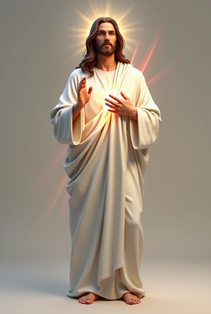 Full-length portrait of Jesus Christ standing, barefoot, face of Jesus from the front, beautiful and serene impressive realistic, Jesus of Nazareth, White tunic, right hand raised in a blessing position and the left on his chest, from his chest come red rays to the right and pale rays to the left
