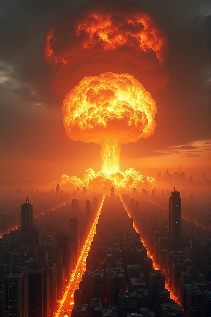 Create an ultra mega realistic image of an atomic explosion destroying a city, detail, This image will be used as a cell phone wallpaper 