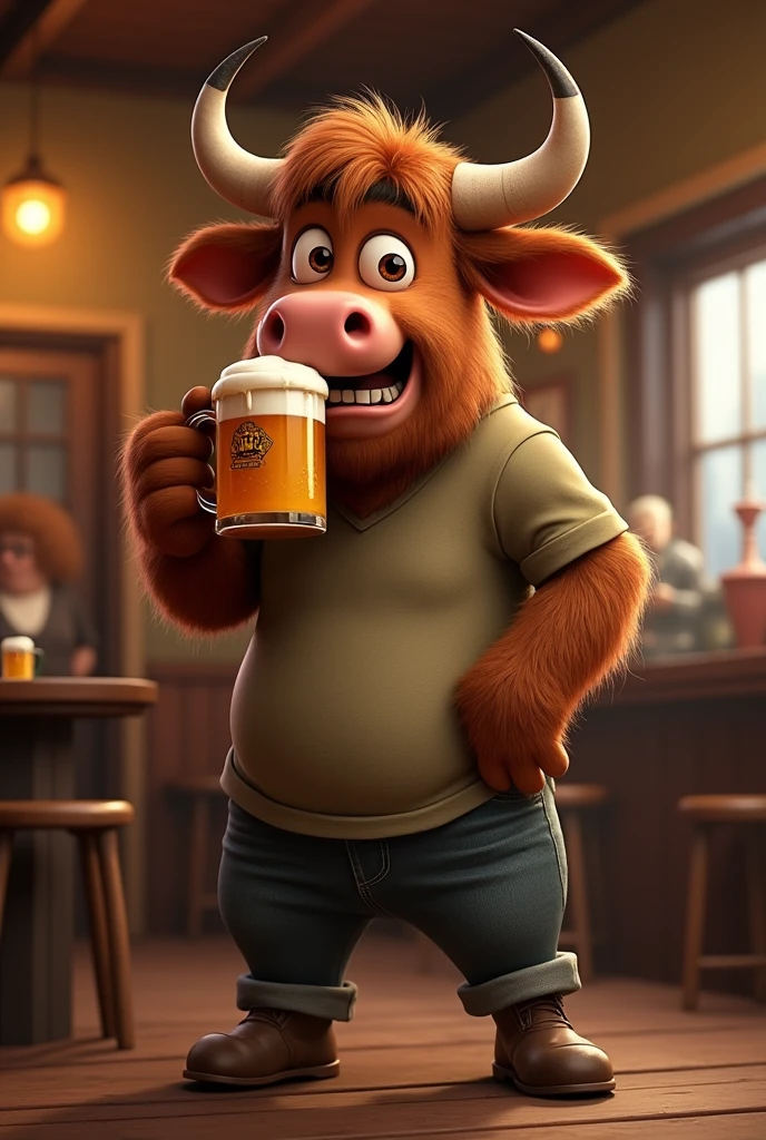 An animated bull drinking beer from a mug