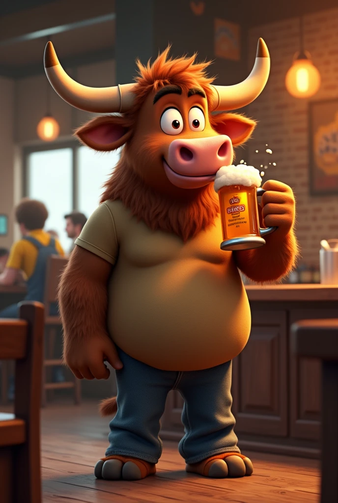 ((cute, fat, obese, anthro, male, bull), nude, flaccid penis, facial scar, red eyes, drinking, drunk, happy, tavern setting, barstool, bar, (detailed background), hires textures, highly detailed, intricate details, best quality, masterpiece, bright lighting, detailxl, zPDXL2