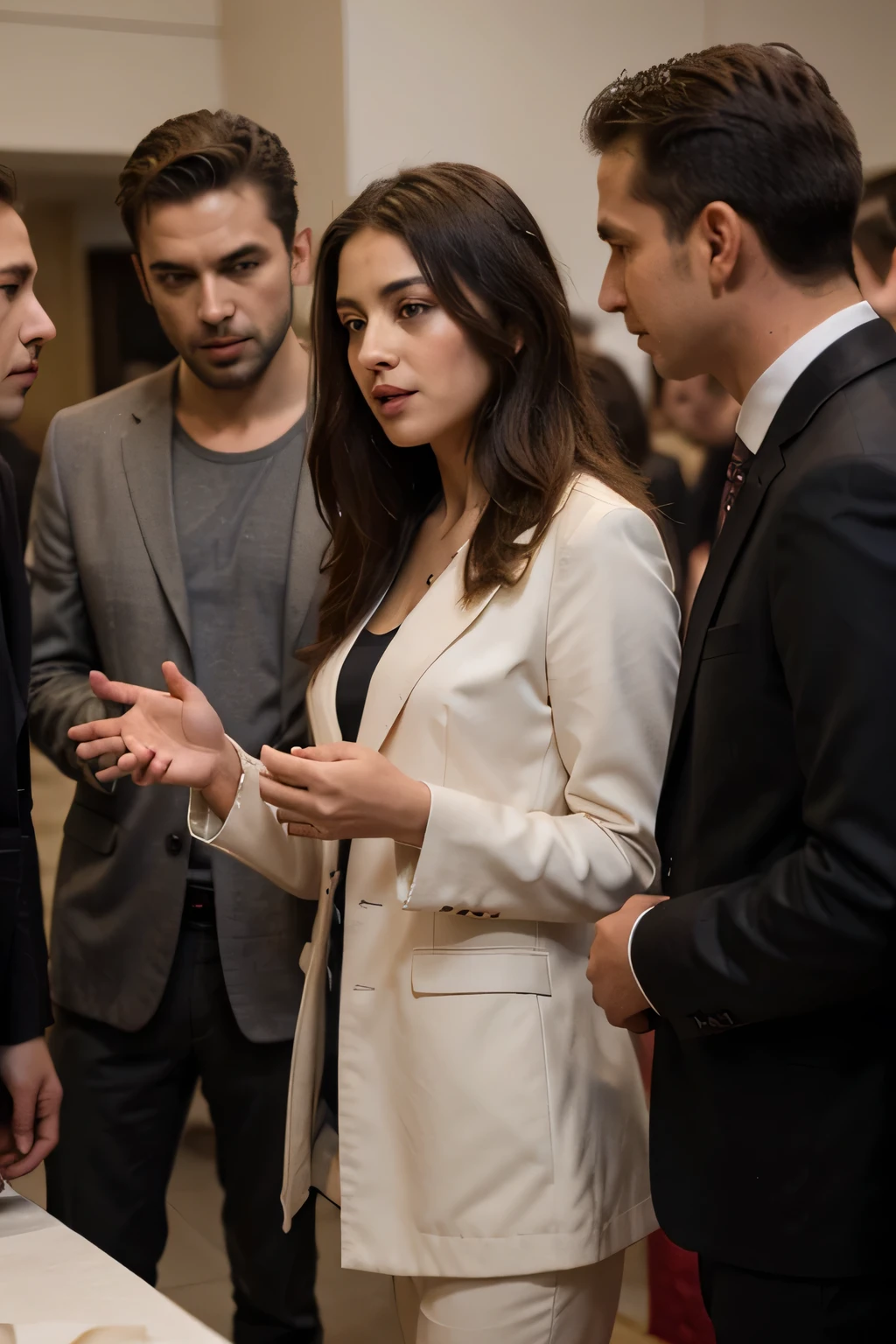 ((best quality)), ((masterpiece)), (detailed),
A 2 beautiful girl wearing suit coat pant dress standing and discussing something with other peoples mens and instructing something