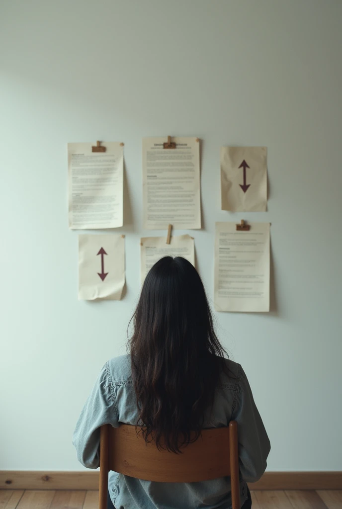 (photorealism:1.2), woman sitting on a chair, facing a wall. The woman is looking at the camera. On the wall there are three papers stuck around the woman. The three papers have arrows pointing to the woman.