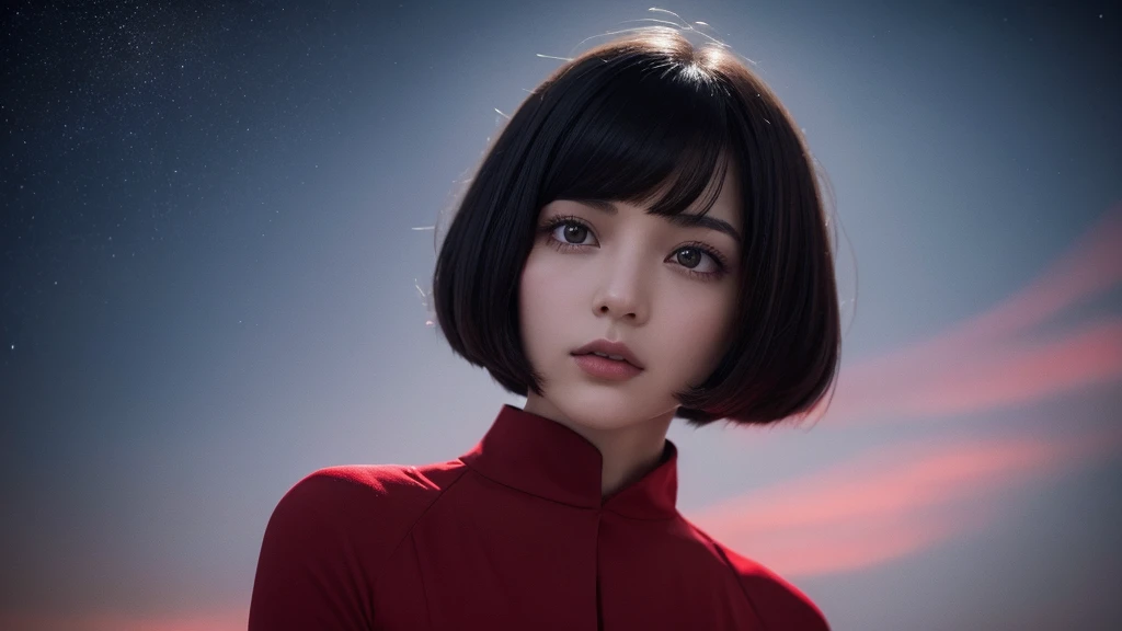 Delicate and dainty young woman with shiny bob-cut black hair . She is wearing bright red. The background is a fantastic and ethereal night sky that seems to be haunted by a specter. Her expression is stern and atmospheric. Angle from directly below.