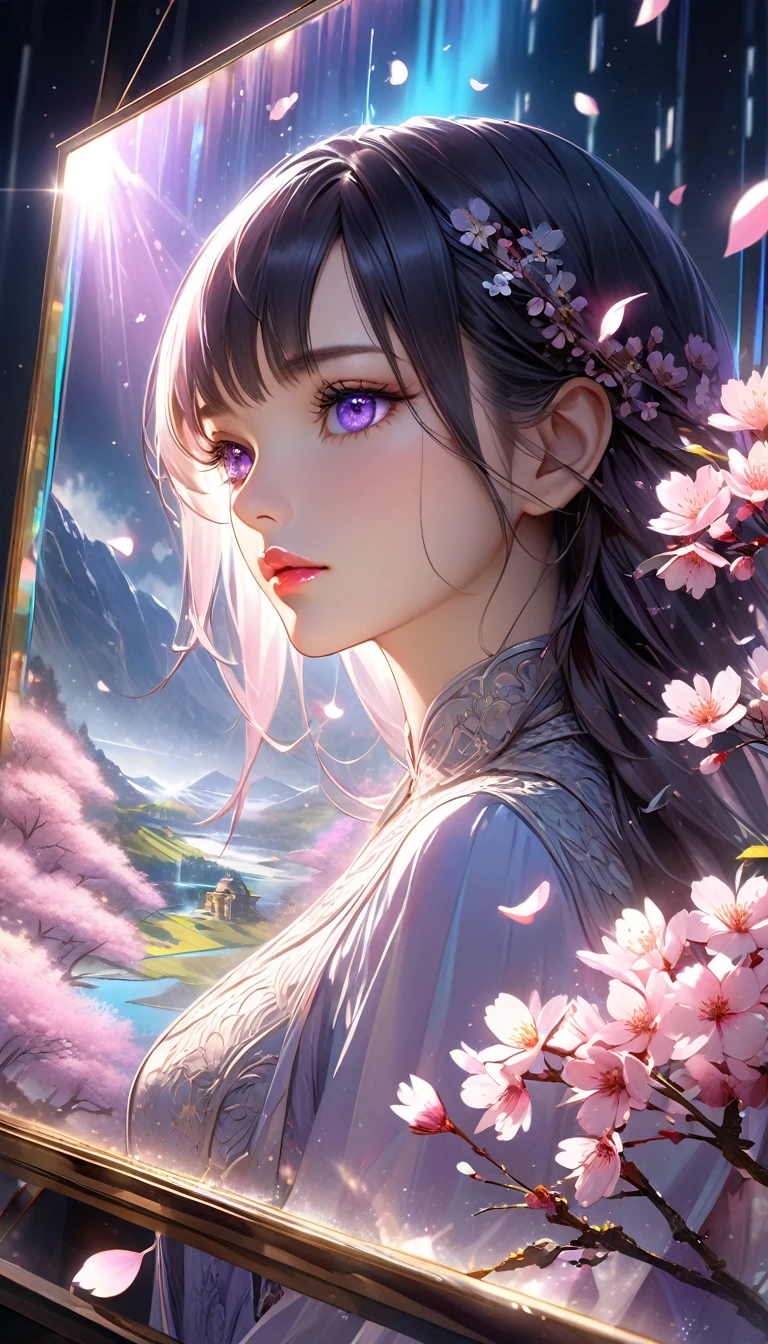 cherry blossom scenery, bright canvas, The petals are fluttering, Transparent holographic reflection, A surreal landscape made of flower petals, Leaves viewers speechless,
A beautiful world, 1 Uzbek woman, detailed eyes, purple eyes, detailed lips, very detailed face, long eyelashes, Beautiful and detailed portraits, elegant, tranquil expression, spring, high quality, 8k,
realistic, surrealist, studio lighting, Physically Based Rendering, vivid colors, movie lights, dramatic lighting, soft lighting,
dramatic contrast, clear, ethereal, dreamlike, mysterious, magical, fancy, concept art