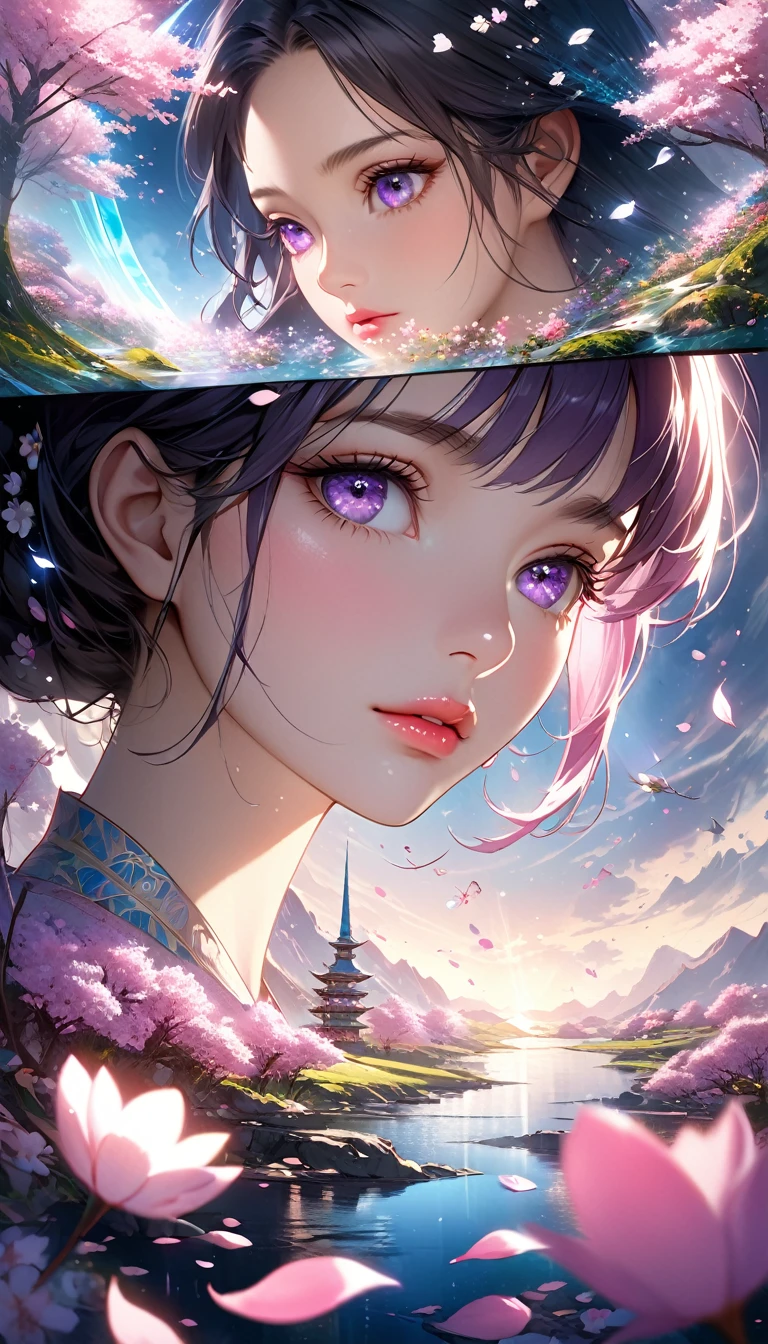 cherry blossom scenery, bright canvas, The petals are fluttering, Transparent holographic reflection, A surreal landscape made of flower petals, Leaves viewers speechless, 
A beautiful world, 1 Uzbek woman, detailed eyes, purple eyes, detailed lips, very detailed face, long eyelashes, Beautiful and detailed portraits, elegant, tranquil expression, spring, high quality, 8k, 
realistic, surrealist, studio lighting, Physically Based Rendering, vivid colors, movie lights, dramatic lighting, soft lighting,
 dramatic contrast, clear, ethereal, dreamlike, mysterious, magical, fancy, concept art
