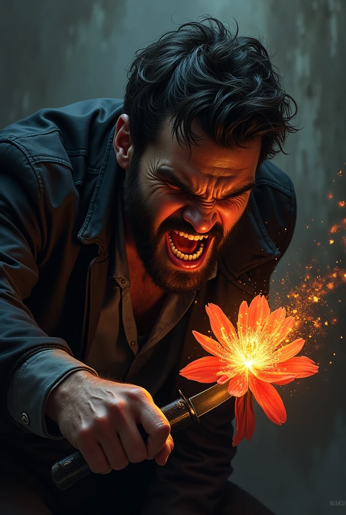 Love failure, knife, angry mode man, sad, burning flower
