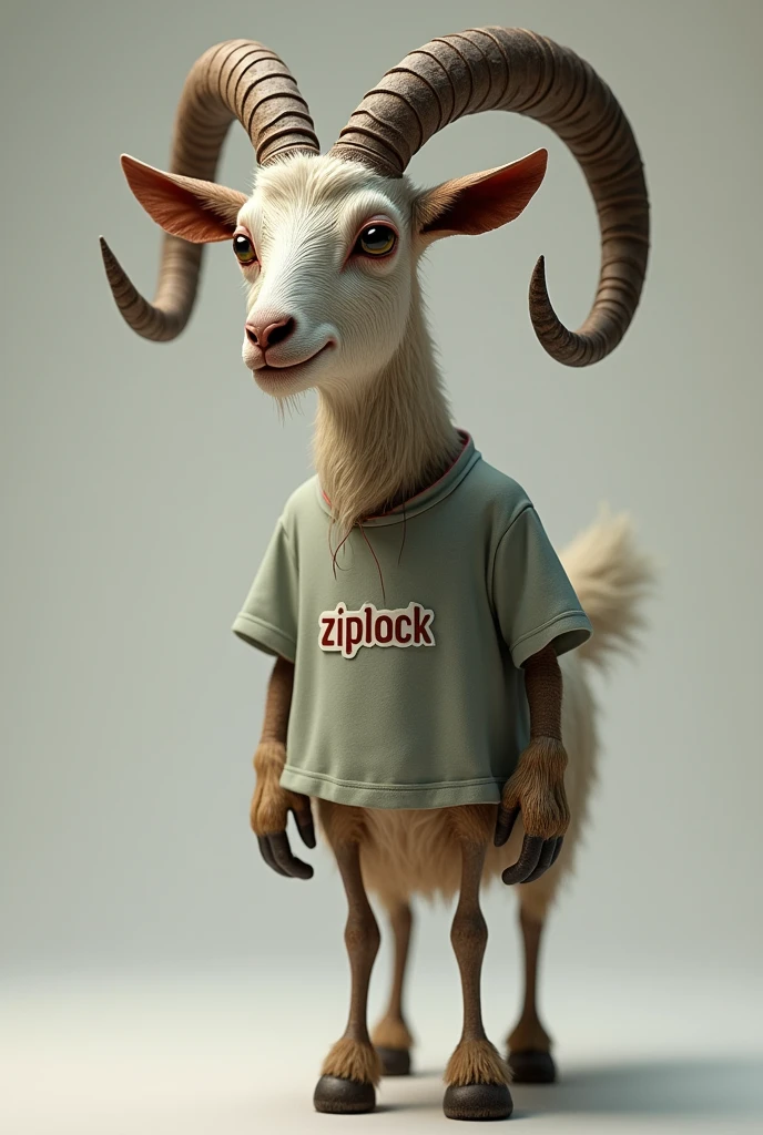 A horned and lame goat with the word Ziplock written on a piece of clothing on its body