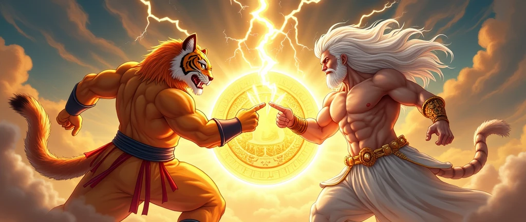 Create a dynamic fusion scene inspired by the classic fusion pose from popular anime Dragon ball z. The scene should feature two distinct characters: Character 1 (Fortune Tiger): An anthropomorphic tiger with a strong and muscular build, wearing a traditional Chinese golden outfit with red accents. The tiger is in a fusion stance, pointing one finger toward the other character. Character 2 (Gate of Olympus - Thunder God): A Zeus-like figure with flowing white hair and a long beard, dressed in a white Greek toga with golden details. This character mirrors the tiger’s pose, with one finger pointed toward the tiger. Effects: From the point where their fingers meet, lightning bolts and sparks should burst forth, symbolizing their fusion. In the center of the image, between the two characters, a large golden coin is being conjured, glowing brightly. Background: The background should be an epic, celestial setting with dramatic clouds, lightning, and a golden aurora to create a mystical atmosphere. The overall scene should convey a sense of power and unity