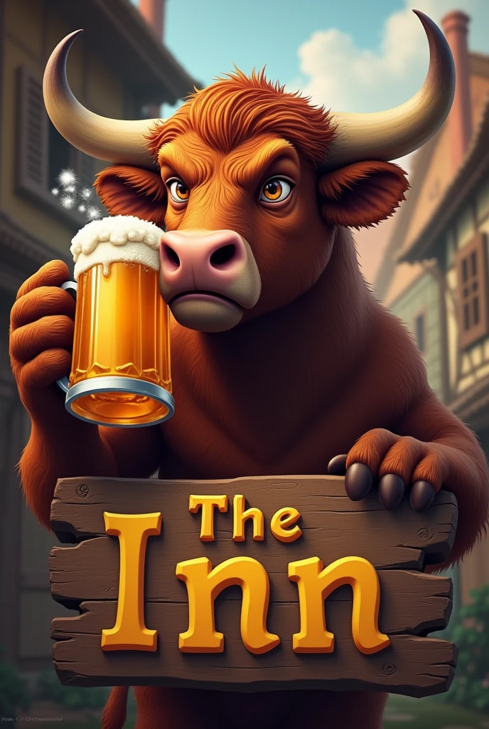 A bull drinking beer is an image to place over a sign that says the inn where Alfredo, with real colors and the notice in wood color