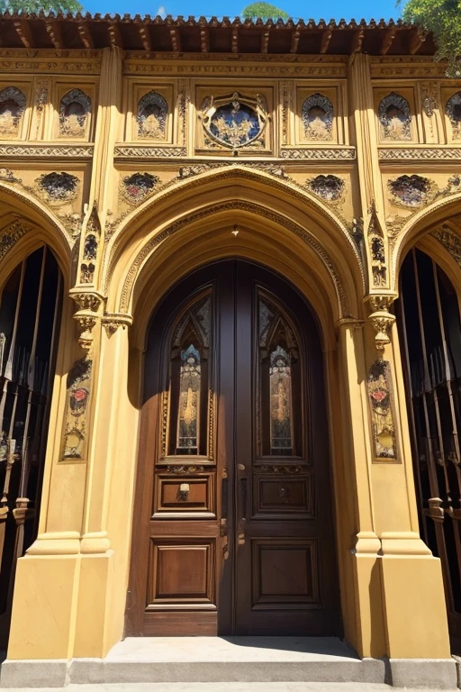 Gothic architecture、There are a lot of teddy bears、The exterior of the building is brown.、There is a little yellow、Mansion、Holiday Homes、antique、Once you enter the gate, you&#39;ll find a large area with a path leading up to it.、There is a building at the end of the path、Victorian atmosphere、The gate is open and the path leads to the front door、Made of wood、The garden features a fountain, flowers, arches and plaster statues.、More of the whole thing please
