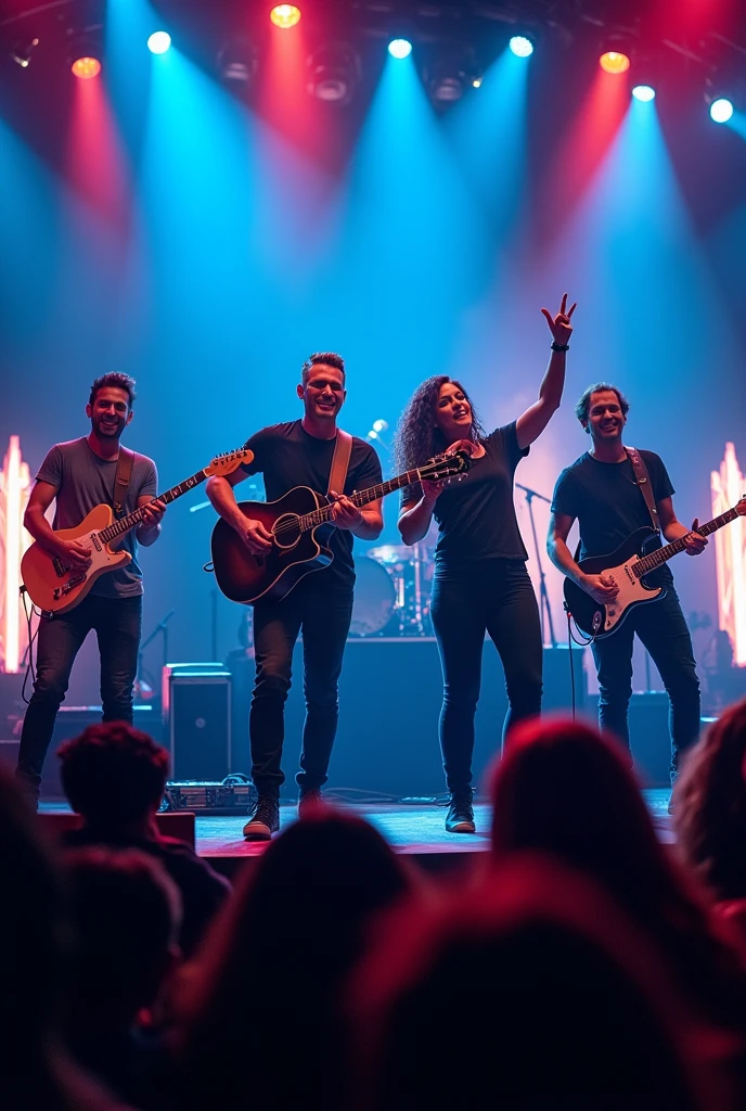 Pop rock band with 5 members, em show, posing to photo, with audience in the background, blue and red, Christian pop rock, 03 men, 04 women,