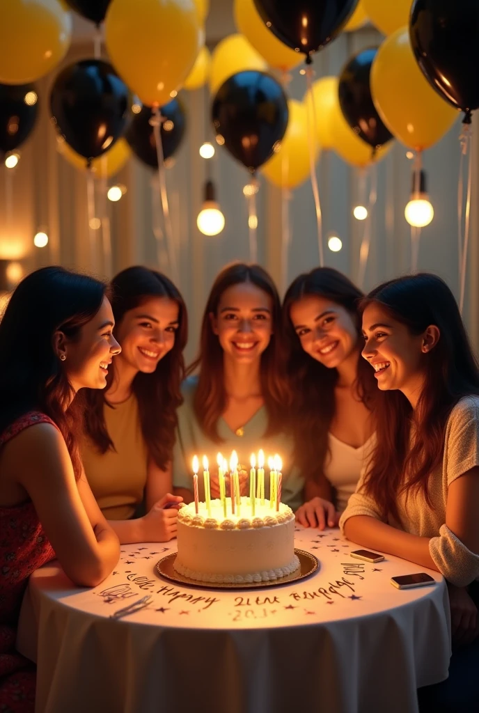 Create background image on the hotel one table up cake with candles age 21 add some female friends write name happy birthday shehr bano with lights and a lot baloons black and yellow