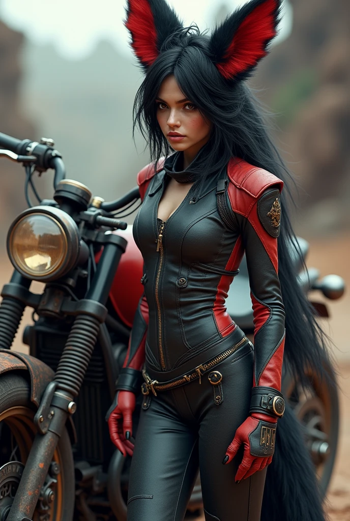 Create a young black and red furred kitsune woman next to her cursed large motorbike. Gives her humanoid features, including face, body and hands. With biker clothes, not sensual at all.