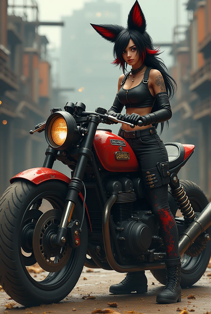 Create a young black and red furred kitsune woman next to her cursed large motorbike. Gives her humanoid features, including face, body and hands. With biker clothes, not sensual at all.
