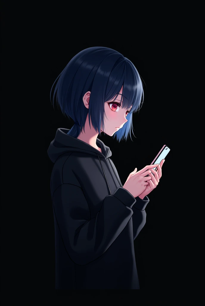 Anime girl , dark blue hair , modern day mullet hair style , black hoodie , red eyes , almond eye , using phone , blank black background , side view
