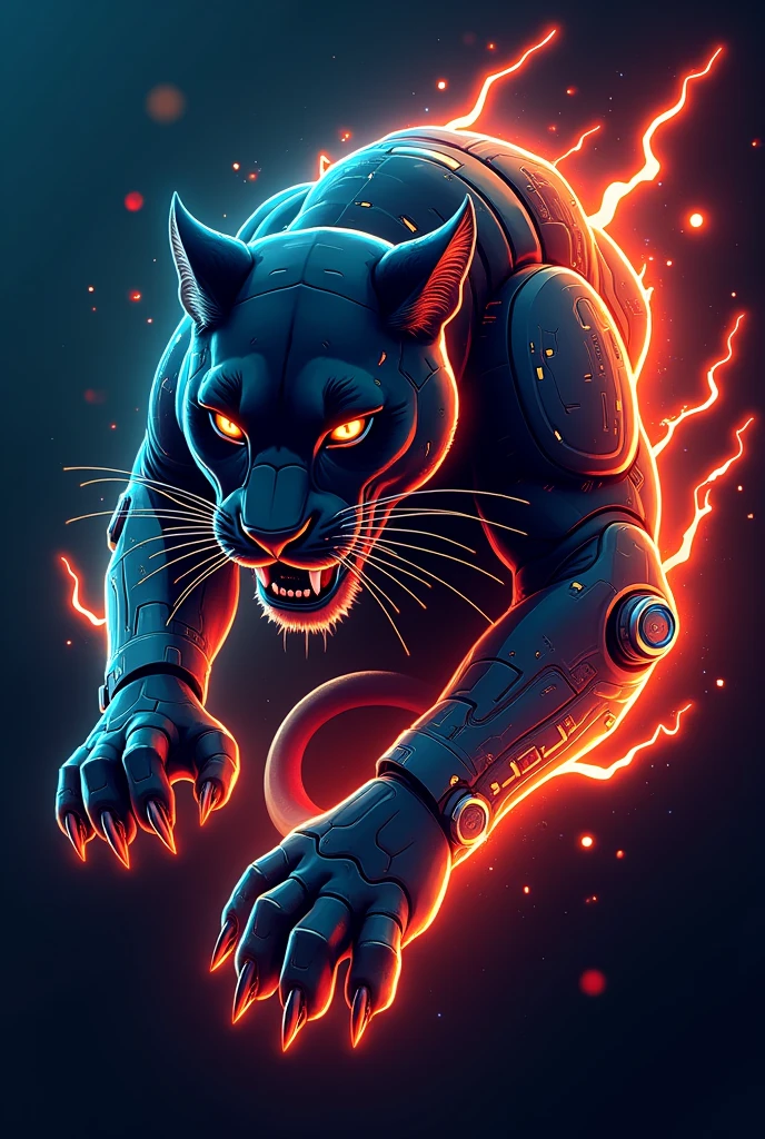 Create an esports logo featuring a sleek panther sporting a glowing cybernetic arm, surrounded by pulsating neon lights in shades of orange and cyan, with the team moniker "CYBER PANTHERS" emblazoned beneath.