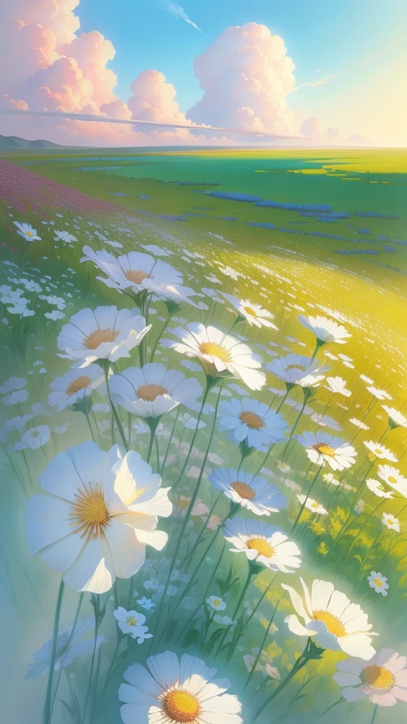 White flower field painting with blue sky as background, beautiful digital painting, soft digital painting, Gorgeous digital painting, Beautiful digital artwork, field of fantasy flowers, A beautiful artwork illustration, high quality digital painting, Very Beautiful Digital Art, beautiful digital art, detailed soft painting, anime landscape wallpapers, Anime Nature, highly detailed digital painting, digital painting highly detailed