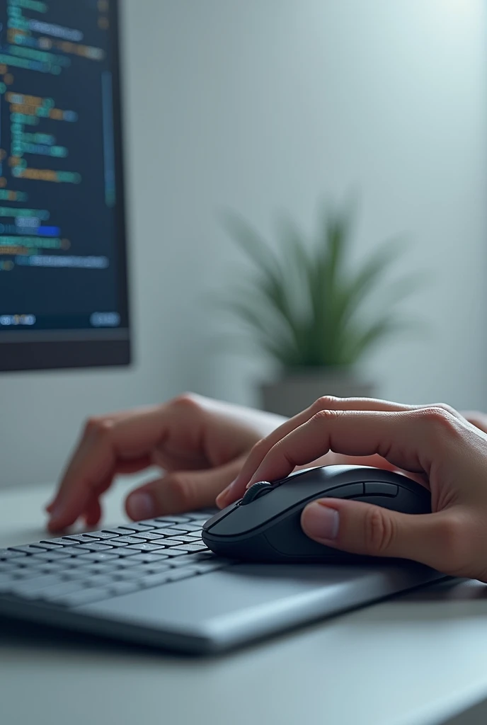 Hands holding mouse showing realistic style technological pc screen with opaque background in light gray colors