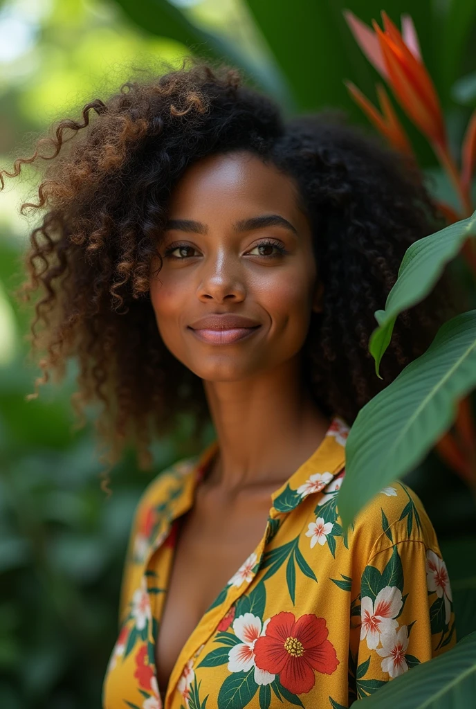 A Brazilian woman in a lush tropical garden, wearing an open shirt with a floral print, with a close-up capturing the harmonious beauty between her breasts and the natural flowers, showing off your natural charm and outgoing personality.