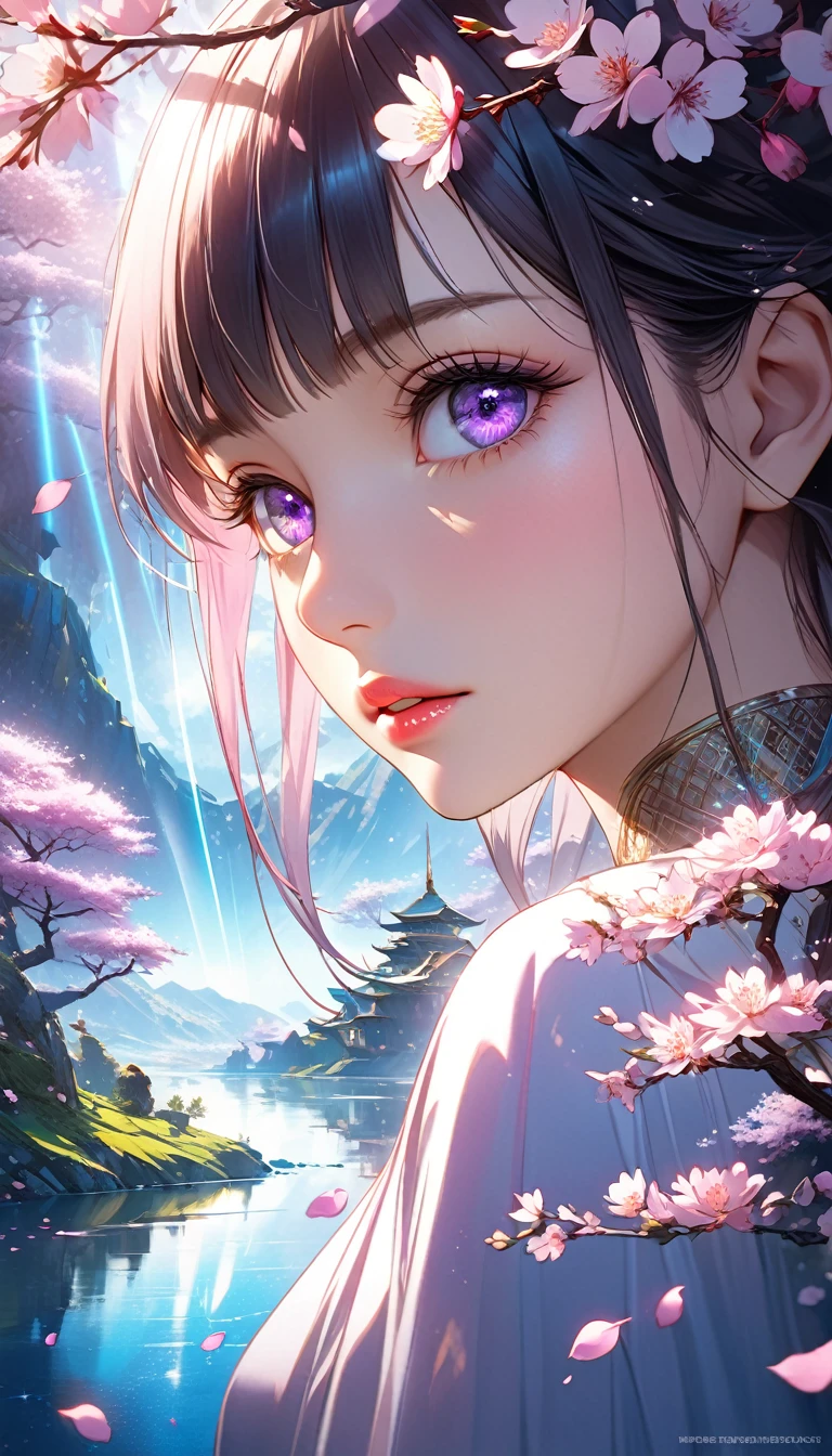 cherry blossom scenery, bright canvas, The petals are fluttering, Transparent holographic reflection, A surreal landscape made of flower petals, Leaves viewers speechless,
A beautiful world, 1 Uzbek woman, detailed eyes, purple eyes, detailed lips, very detailed face, long eyelashes, Beautiful and detailed portraits, elegant, tranquil expression, spring, high quality, 8k,
realistic, surrealist, studio lighting, Physically Based Rendering, vivid colors, movie lights, dramatic lighting, soft lighting,
dramatic contrast, clear, ethereal, dreamlike, mysterious, magical, fancy, concept art